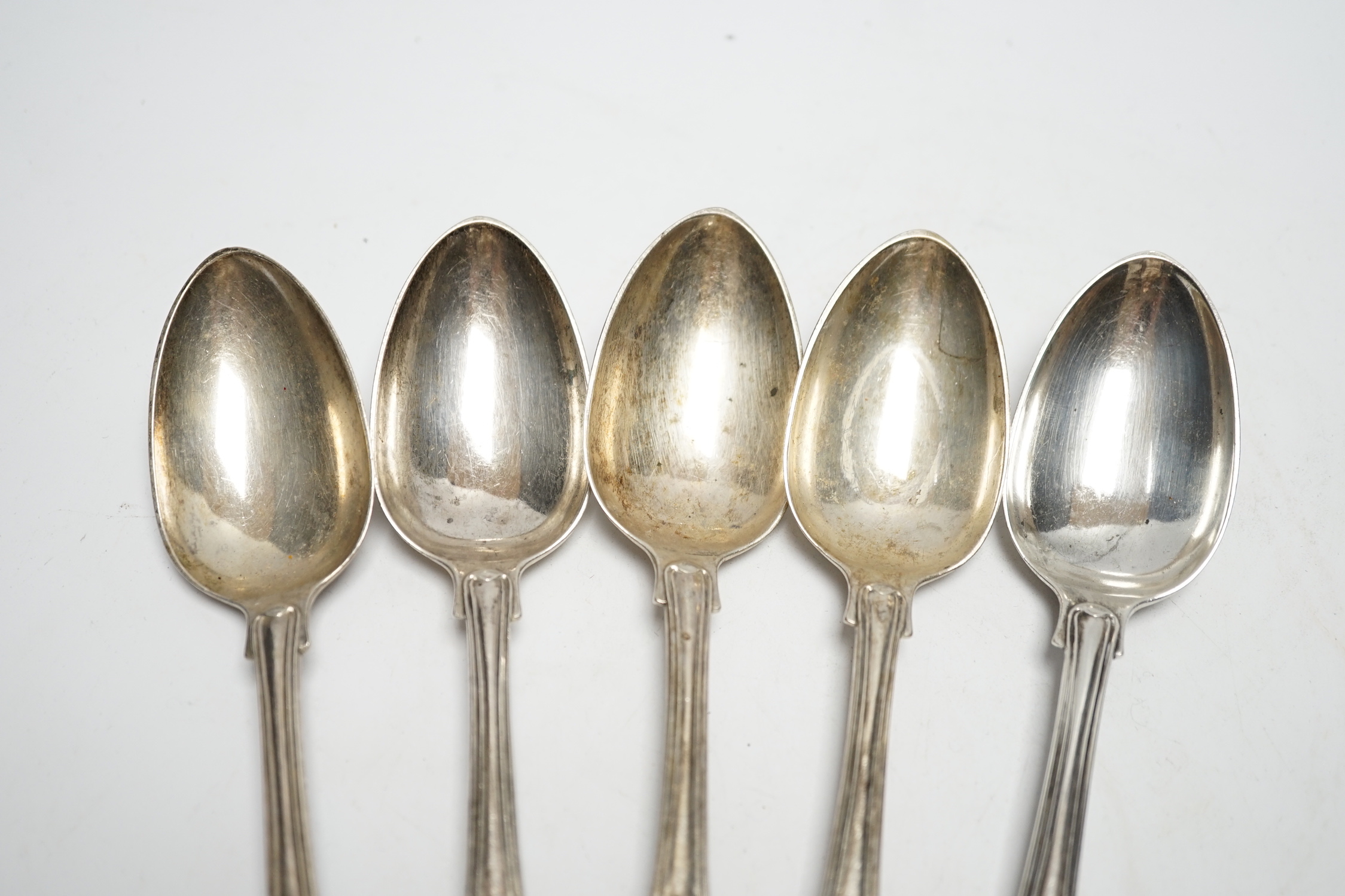 A set of five William IV silver Kings pattern dessert spoons, William Eaton, London, 1834, 10.2oz.